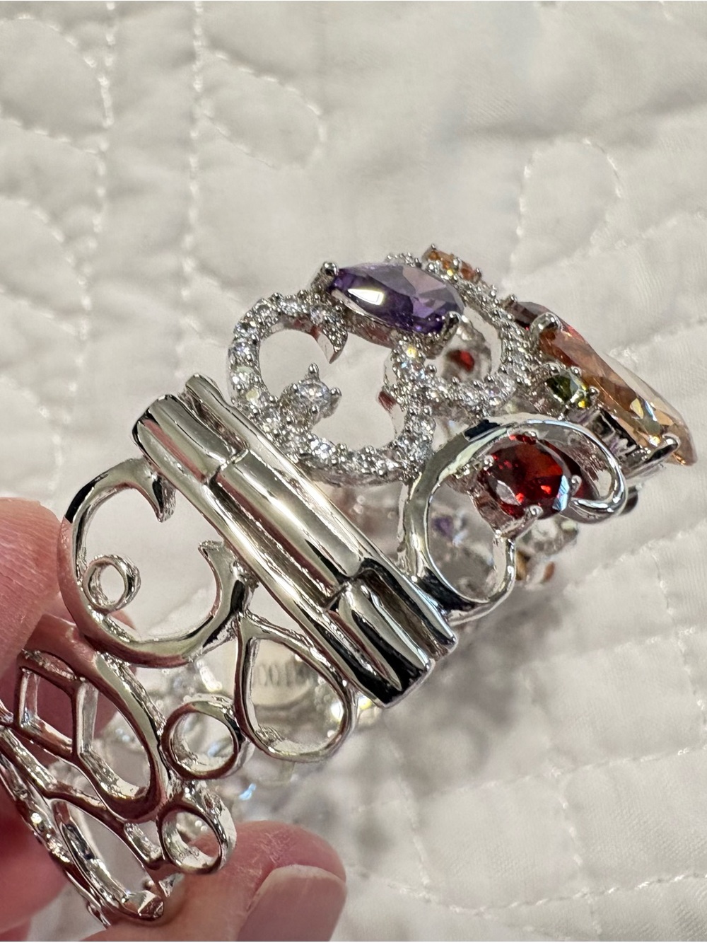 New Sterling Silver 925 Multicolor Pave Crystal Statement Cuff Bracelet - Picture 12 of 16